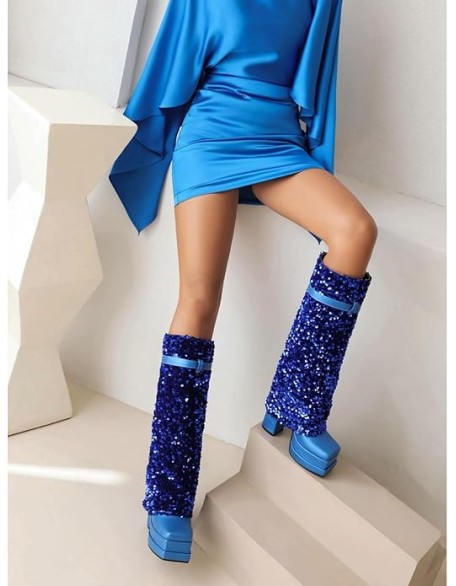 Women's Sparkle Sequin Fold Knee High Boots Fashion Square Toe Chunky Heels Platform Pull On Tall Boots Sexy Glitter Party Prom High Heels Long Booties
