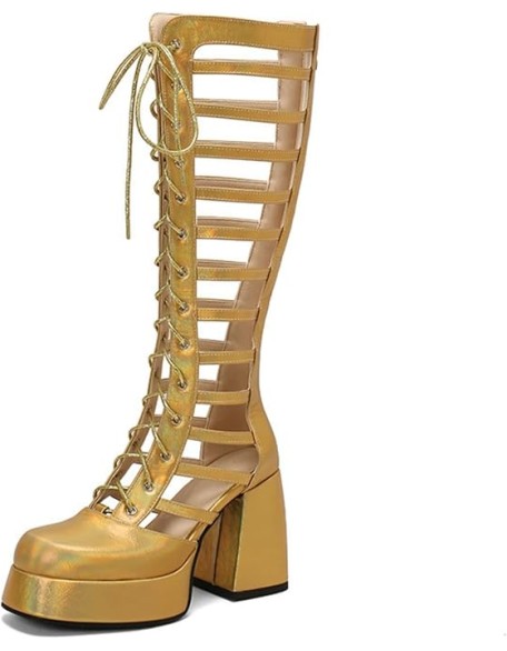 Women's Platform Chunky Heel Block Knee High Boots Square Closed Toe Lace Up Hollow Out Long Boots Back Zipper Low Heel Gladiator Sandals Booties