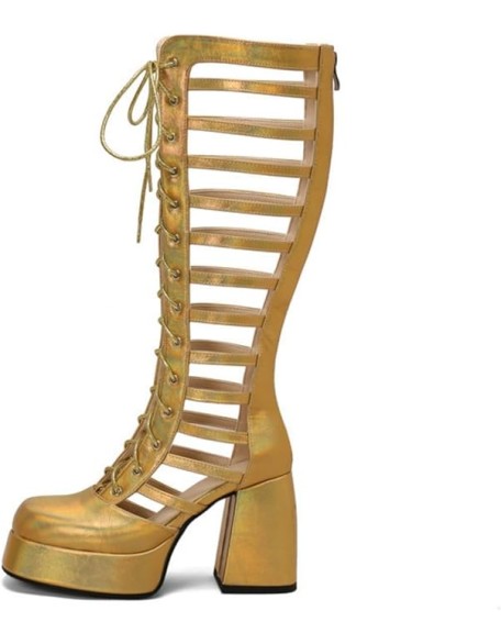 Women's Platform Chunky Heel Block Knee High Boots Square Closed Toe Lace Up Hollow Out Long Boots Back Zipper Low Heel Gladiator Sandals Booties