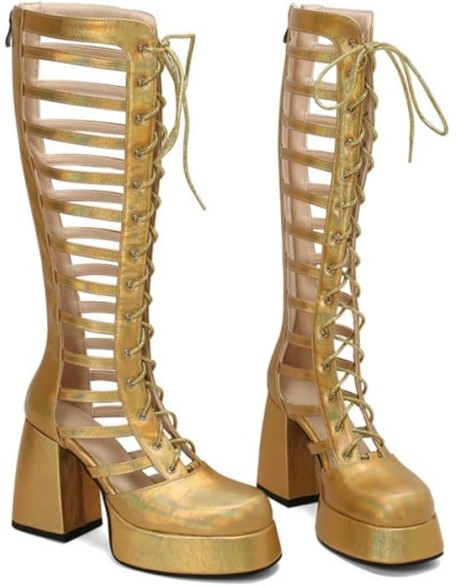 Women's Platform Chunky Heel Block Knee High Boots Square Closed Toe Lace Up Hollow Out Long Boots Back Zipper Low Heel Gladiator Sandals Booties