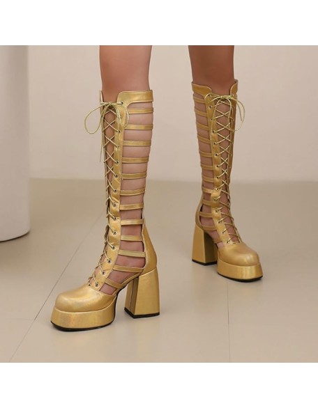 Women's Platform Chunky Heel Block Knee High Boots Square Closed Toe Lace Up Hollow Out Long Boots Back Zipper Low Heel Gladiator Sandals Booties