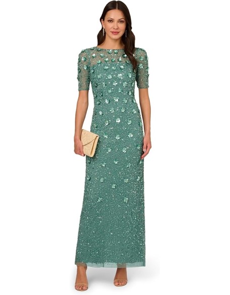 Women's Beaded Long 3D Floral Dress