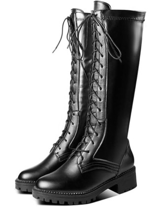 Thigh High Boots for Women Sexy Round Toe Dance Party PU Leather Chunky Heels Side Zipper Cross Strap Big Size Over The Knee High Boots Platform Shoes