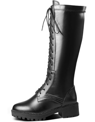 Thigh High Boots for Women Sexy Round Toe Dance Party PU Leather Chunky Heels Side Zipper Cross Strap Big Size Over The Knee High Boots Platform Shoes