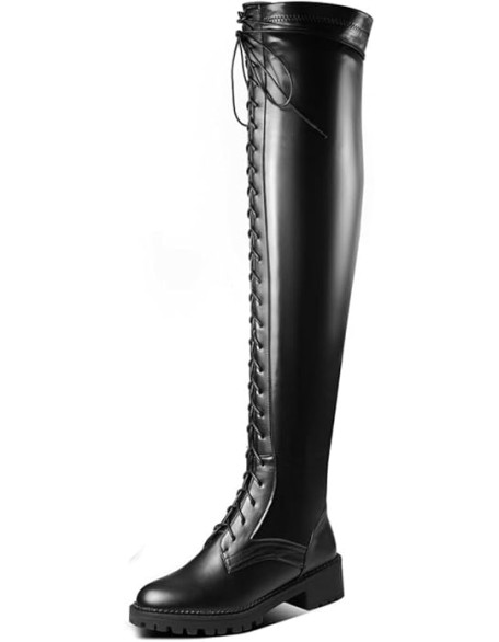 Thigh High Boots for Women Sexy Round Toe Dance Party PU Leather Chunky Heels Side Zipper Cross Strap Big Size Over The Knee High Boots Platform Shoes