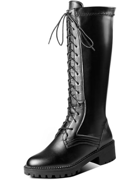 Thigh High Boots for Women Sexy Round Toe Dance Party PU Leather Chunky Heels Side Zipper Cross Strap Big Size Over The Knee High Boots Platform Shoes