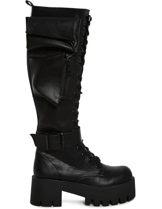 Obsidian Pocket Combat Boots by Current Mood – Knee High Vegan Leather Combat Boots for Edgy Style