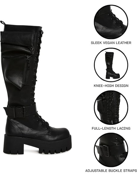 Obsidian Pocket Combat Boots by Current Mood – Knee High Vegan Leather Combat Boots for Edgy Style