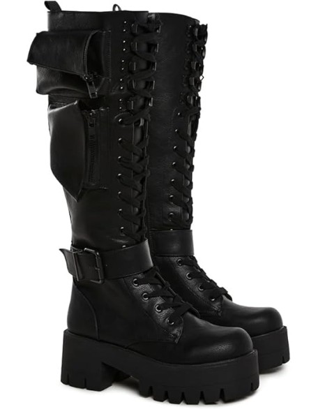 Obsidian Pocket Combat Boots by Current Mood – Knee High Vegan Leather Combat Boots for Edgy Style