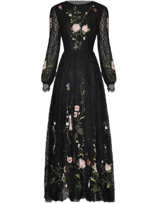 Womens Vintage Lace Dress Crew Neck Sequins Embroidery High Waist A-Line Slim Long Dresses