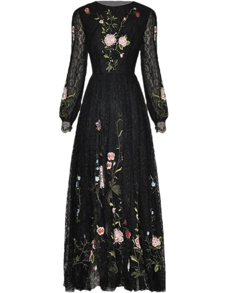 Womens Vintage Lace Dress Crew Neck Sequins Embroidery High Waist A-Line Slim Long Dresses