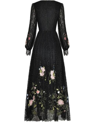 Womens Vintage Lace Dress Crew Neck Sequins Embroidery High Waist A-Line Slim Long Dresses