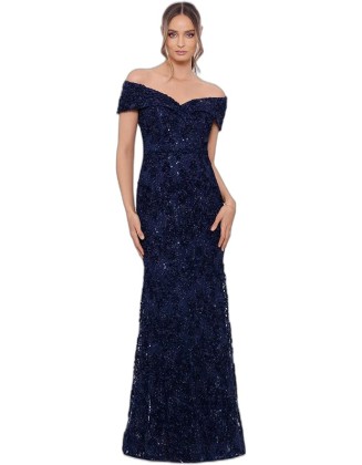 Women's Sequin Off-The-Shoulder Floral Lace Overlay Formal Gown