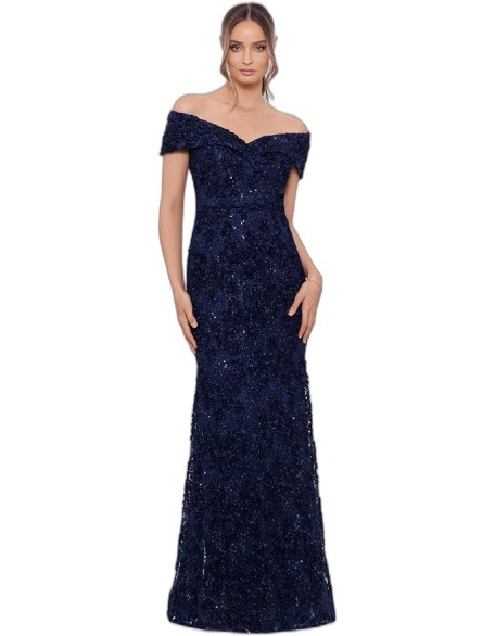 Women's Sequin Off-The-Shoulder Floral Lace Overlay Formal Gown