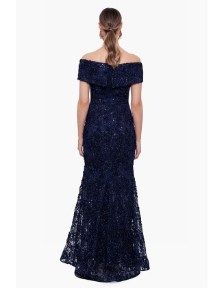 Women's Sequin Off-The-Shoulder Floral Lace Overlay Formal Gown
