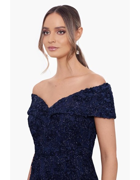 Women's Sequin Off-The-Shoulder Floral Lace Overlay Formal Gown
