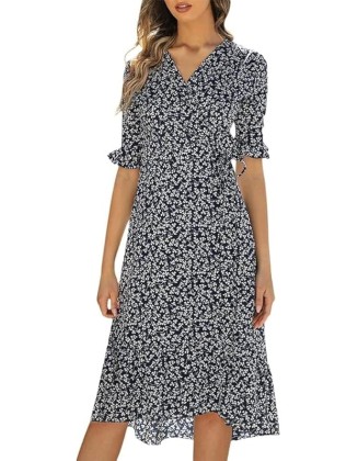 Bohemian A Line V Neck Short Sleeve Dresses for Women Summer Casual Flowy Midi Beach Dress