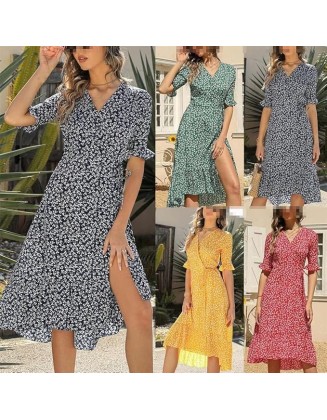 Bohemian A Line V Neck Short Sleeve Dresses for Women Summer Casual Flowy Midi Beach Dress