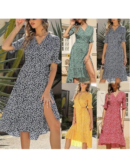 Bohemian A Line V Neck Short Sleeve Dresses for Women Summer Casual Flowy Midi Beach Dress