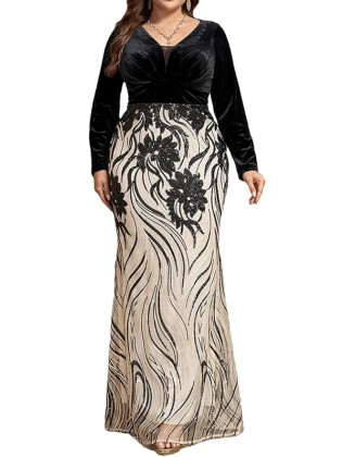 Women Elegant Embroidery Party Maxi Dress Plus Size Heavily Embellished A-Line V-Neck Long Sleeve Loose Fit Dresses