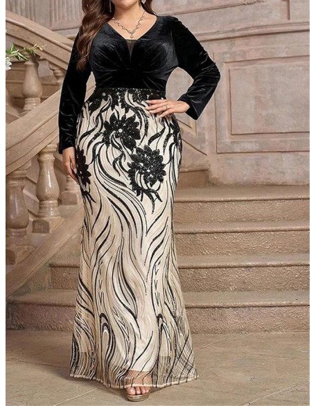 Women Elegant Embroidery Party Maxi Dress Plus Size Heavily Embellished A-Line V-Neck Long Sleeve Loose Fit Dresses