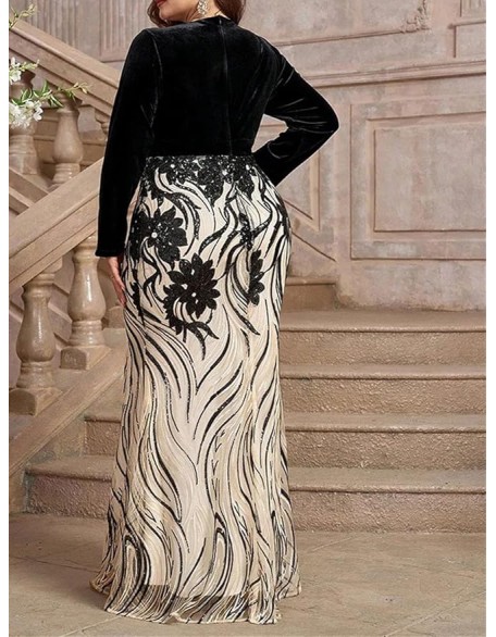 Women Elegant Embroidery Party Maxi Dress Plus Size Heavily Embellished A-Line V-Neck Long Sleeve Loose Fit Dresses