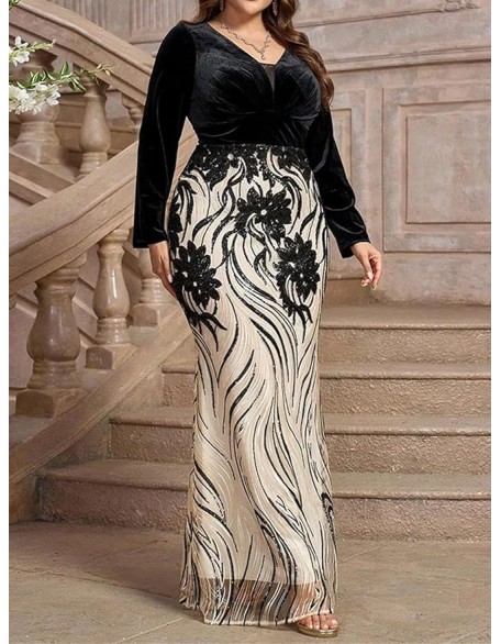 Women Elegant Embroidery Party Maxi Dress Plus Size Heavily Embellished A-Line V-Neck Long Sleeve Loose Fit Dresses