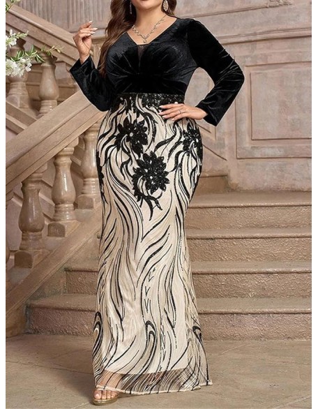 Women Elegant Embroidery Party Maxi Dress Plus Size Heavily Embellished A-Line V-Neck Long Sleeve Loose Fit Dresses