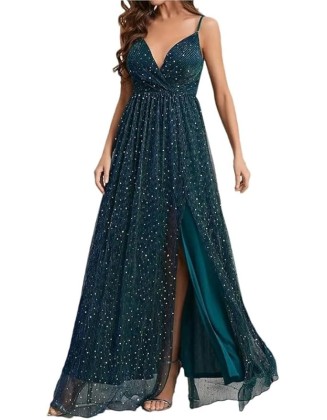 Women's Spaghetti Strap Backless Evening Gown Deep V-Neck Split Long Sexy Party Prom Formal Dresses