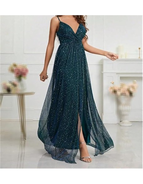 Women's Spaghetti Strap Backless Evening Gown Deep V-Neck Split Long Sexy Party Prom Formal Dresses
