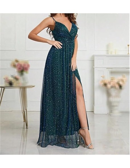 Women's Spaghetti Strap Backless Evening Gown Deep V-Neck Split Long Sexy Party Prom Formal Dresses