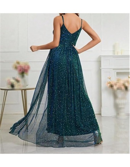 Women's Spaghetti Strap Backless Evening Gown Deep V-Neck Split Long Sexy Party Prom Formal Dresses