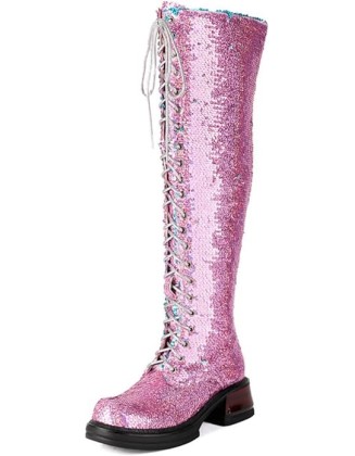Women's Sequin Over The Knee Boots Sparkle Platform Lace Up Thigh High Boot Round Toe Low Chunky Block Heels Side Zipper Long Booties