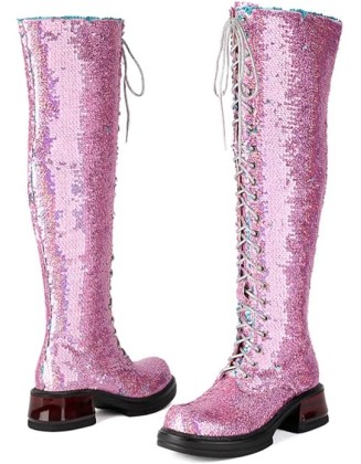 Women's Sequin Over The Knee Boots Sparkle Platform Lace Up Thigh High Boot Round Toe Low Chunky Block Heels Side Zipper Long Booties