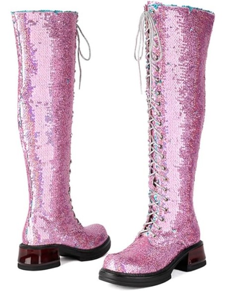 Women's Sequin Over The Knee Boots Sparkle Platform Lace Up Thigh High Boot Round Toe Low Chunky Block Heels Side Zipper Long Booties