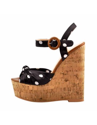 Polka Dot Open Toe Wood Heel Wedge Sandals