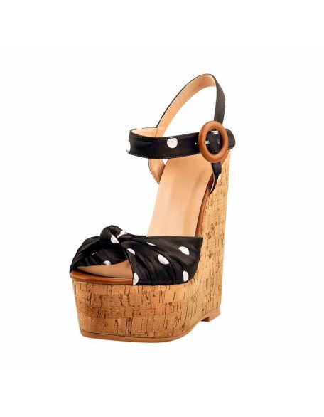 Polka Dot Open Toe Wood Heel Wedge Sandals