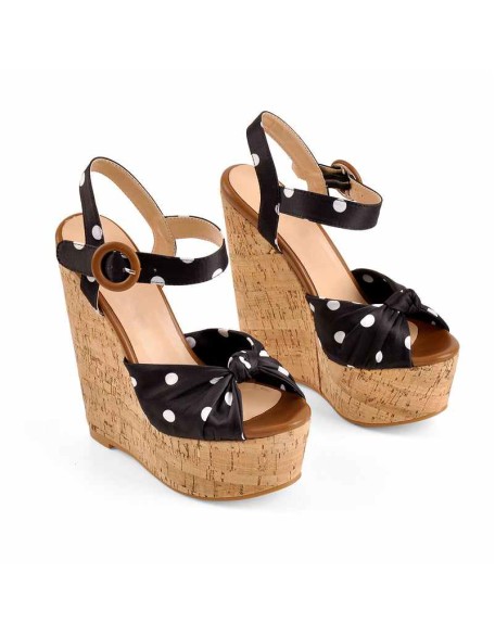 Polka Dot Open Toe Wood Heel Wedge Sandals