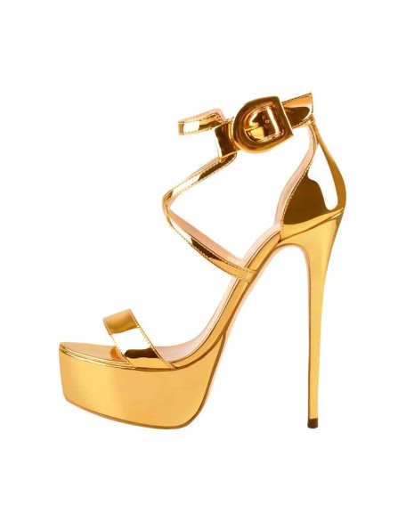 Gold Patent Leather Platform Stiletto Crisscross Ankle Strap Sandals
