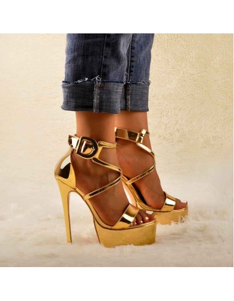 Gold Patent Leather Platform Stiletto Crisscross Ankle Strap Sandals