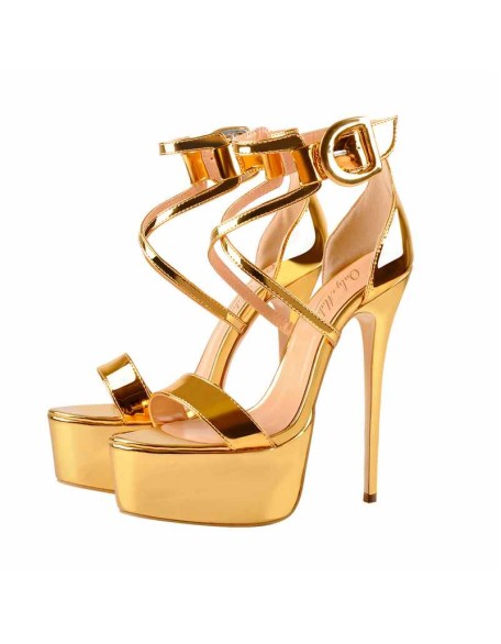 Gold Patent Leather Platform Stiletto Crisscross Ankle Strap Sandals