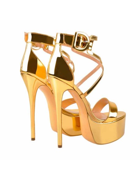 Gold Patent Leather Platform Stiletto Crisscross Ankle Strap Sandals