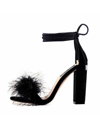 Fluffy Marabou Feather Gladiator Chunky High Heel Sandals