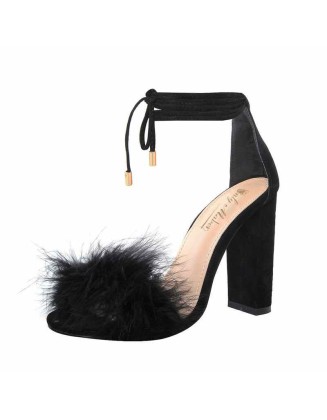 Fluffy Marabou Feather Gladiator Chunky High Heel Sandals