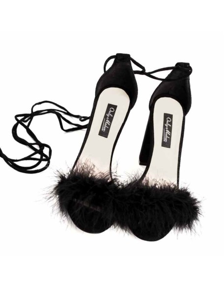 Fluffy Marabou Feather Gladiator Chunky High Heel Sandals
