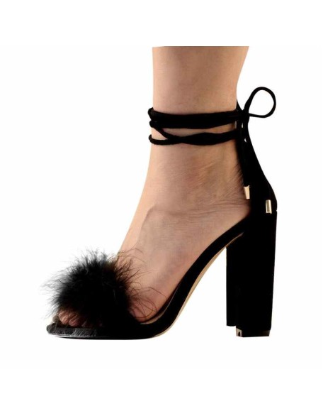 Fluffy Marabou Feather Gladiator Chunky High Heel Sandals
