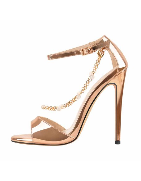 Pearl Metal Chain Ankle Strap Open Toe Sandals