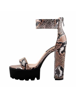 Snake Print Ankle Strap Chunky Heel Sandals