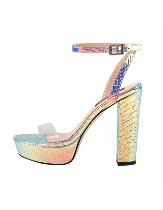 Iridescent Snake Print Platform Chunky Heels Sandals