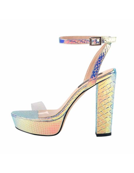 Iridescent Snake Print Platform Chunky Heels Sandals